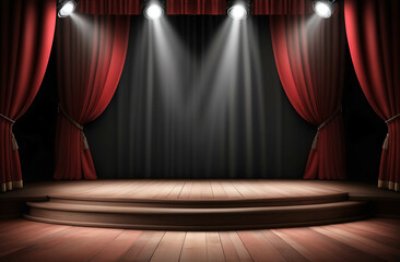 empty 3d room background template of a theater stage spotlights and red and black curtains