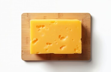 Top view piece of cheddar cheese on wood board with holes. Yellow dairy product, natural cheese on white background. Appetizing tasty fresh food ingredient.