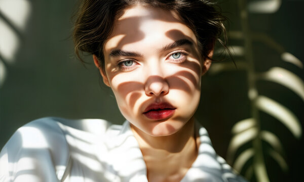 AI generated image of a woman with sunlight casting striped shadows across her face, set against deep greenery. Mood-rich and artistic.