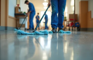 Cleaning crew working on floor. Professional cleaners mop, clean inside hall, office, industrial area. Team wears uniforms. Commercial cleaning, hygiene services.