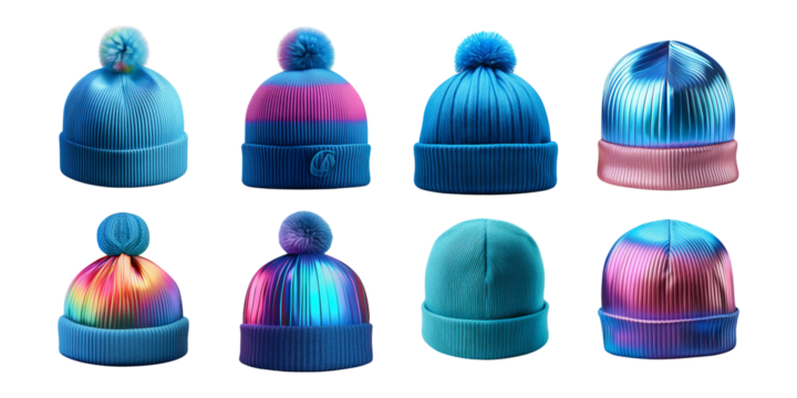 Colorful knitted beanies with pom poms and textured patterns, holographic of Iridescent Kawaii 3D, Isolated on Transparent background