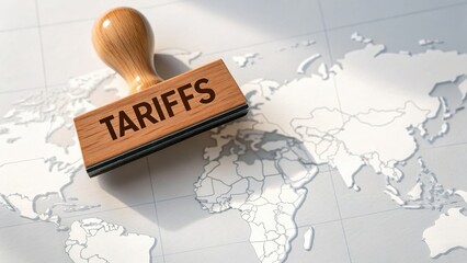 Reciprocal Tariffs. Import Tariffs USA 2025 Wooden stamp labeled "TARIFFS" on a world map background, symbolizing international trade policies.
