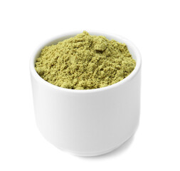 Superfood product. Pumpkin seeds powder in bowl isolated on white
