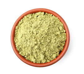 Superfood product. Pumpkin seeds powder in bowl isolated on white, top view