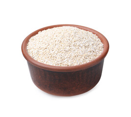 Superfood product. Oat powder in bowl isolated on white