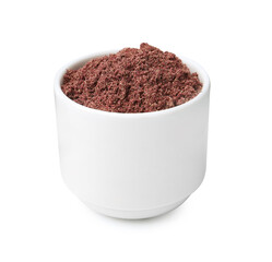 Superfood. Black currant powder in bowl isolated on white