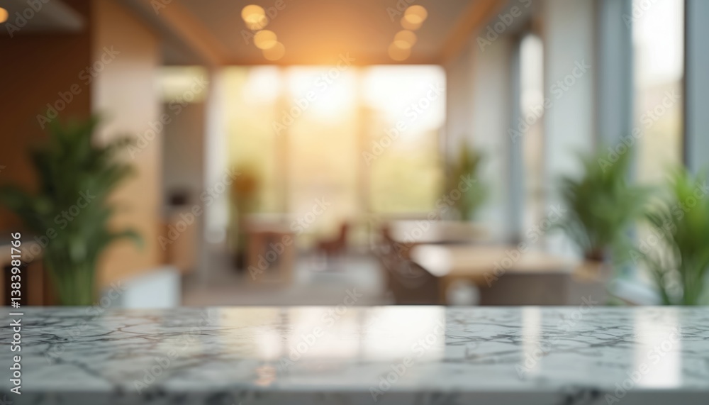 Aufkleber Modern office interior with marble stone tabletop. Bokeh background blurred, creating an elegant ambiance. Use for product display advertising or promoting services. Empty space for copy text.