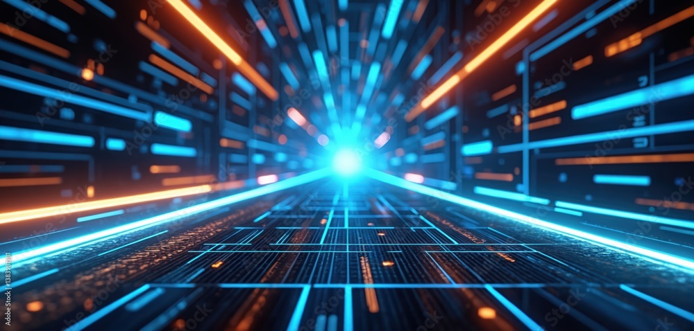 Poster Abstract futuristic digital tech background with blue glowing light rays and grid pattern. Technology, science, network concept. Modern graphic design, data flow, innovation.