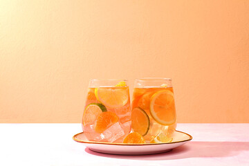 Detox drink with lemon, mint, lime and orange on a light table, mojito or cocktail improves metabolism, promotes weight loss and strengthens immunity, healthy lifestyle concept, selective focus.