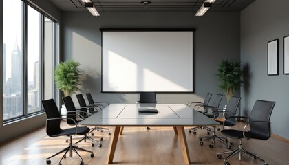 Modern office meeting room interior. Grey walls, wooden floor. Glass conference table with black chairs. Blank projection screen for presentation. Business, corporate, consulting, work, workplace.