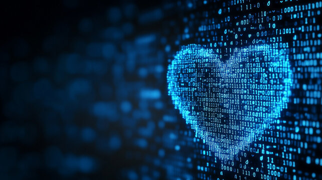 glowing heart shape formed by binary code and algorithms, symbolizing the fusion of digital technology and love on Valentine&rsquo;s Day, showing modern expressions of affection through tech