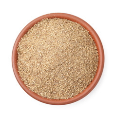 Superfood. Coriander powder in bowl isolated on white, top view