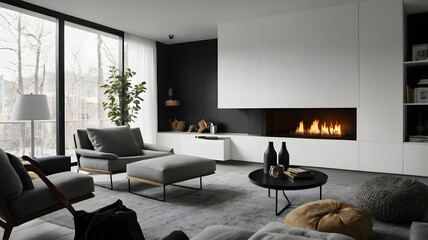 living room with fireplace, blue, ai image