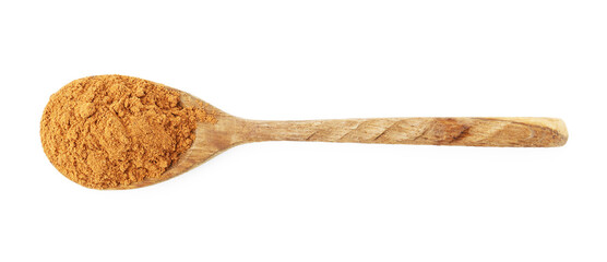 Superfood. Cinnamon powder in spoon isolated on white, top view