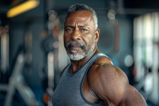 Portrait of a middle aged male African American fitness trainer in workout attire at the gym