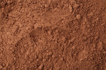 Superfood supplement. Cacao powder as background, top view