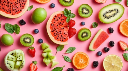 Assorted fresh fruits displayed on a pink background creating a vibrant and colorful composition