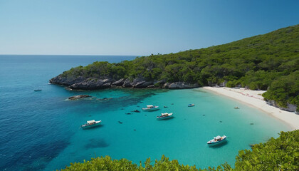 Obraz premium Mediterranean Seascape with Boats and Rocky Shore