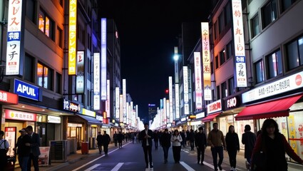 Night Street Scene in Japan with Neon Signs and People Walking