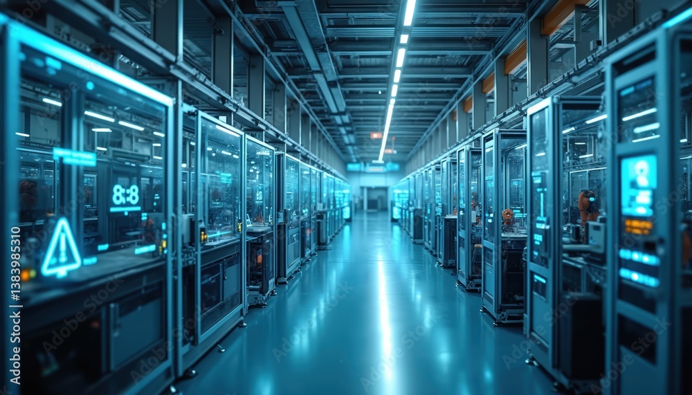 Poster Modern manufacturing execution systems MES. Robots in factory, real-time data exchange, process optimization. Futuristic design, industry tech concept. Automation, innovation, coding, cyberspace,