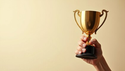 Hand holding gold trophy cup against beige background. Award concept for winner champion achievement victory. Symbol of success, motivation, excellence. Corporate celebration, business award.