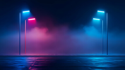 Neon Glowing Lights On Empty Foggy Street At Night