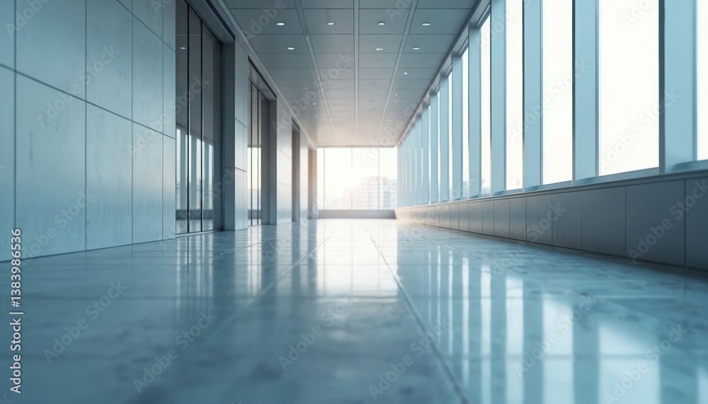 Poster modern hallway with reflective walls, flooring. natural light streams through large windows. sleek, 