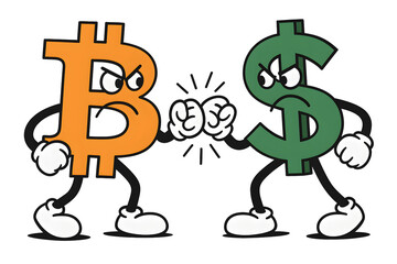 Cartoon-style Bitcoin vs Dollar characters fist bumping in financial rivalry illustration on transparent background
