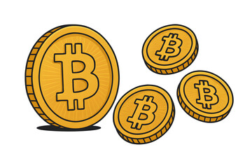 Cartoon-style golden Bitcoin coins illustration with black outlines on transparent background
