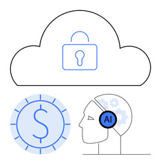 Cloud with lock for security, dollar within a circle for digital economy, and human head with AI for technology. Ideal for cybersecurity, blockchain, AI, fintech, automation, innovation
