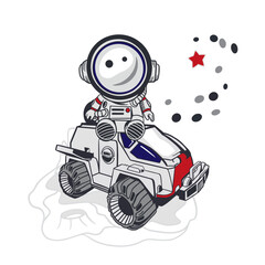 Obraz premium Cosmonaut sitting on a space car, Mars rover. Hand drawn vector illustration. For Cosmonautics Day cards, invitations, large banners, posters, covers, childrens games, stickers.