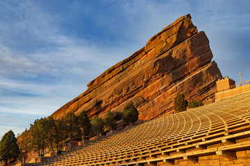 Warm morning sun hitting on the rocks at Red Rocks Park and Amphitheater in Denver, Colorado