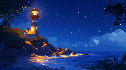Coastal lighthouse at night