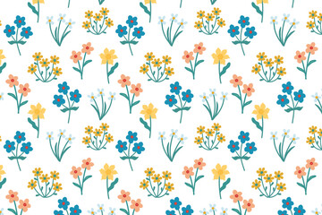 Seamless floral pattern. Trendy print for fabric printing. Cute colorful flowers are randomly placed on the field. Spring and summer fashion vector pattern for printing, fabric, clothing, scrapbooking