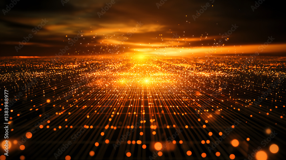 Poster glowing digital particles flowing through abstract data stream virtual environment graphic visualiza
