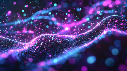 Digital particles flowing abstractive waves virtual space motion graphics vibrant colors 3d perspective visualization concept