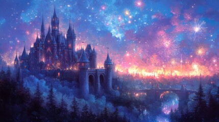 Magical Night Scene with Castle and Colorful Fireworks Display