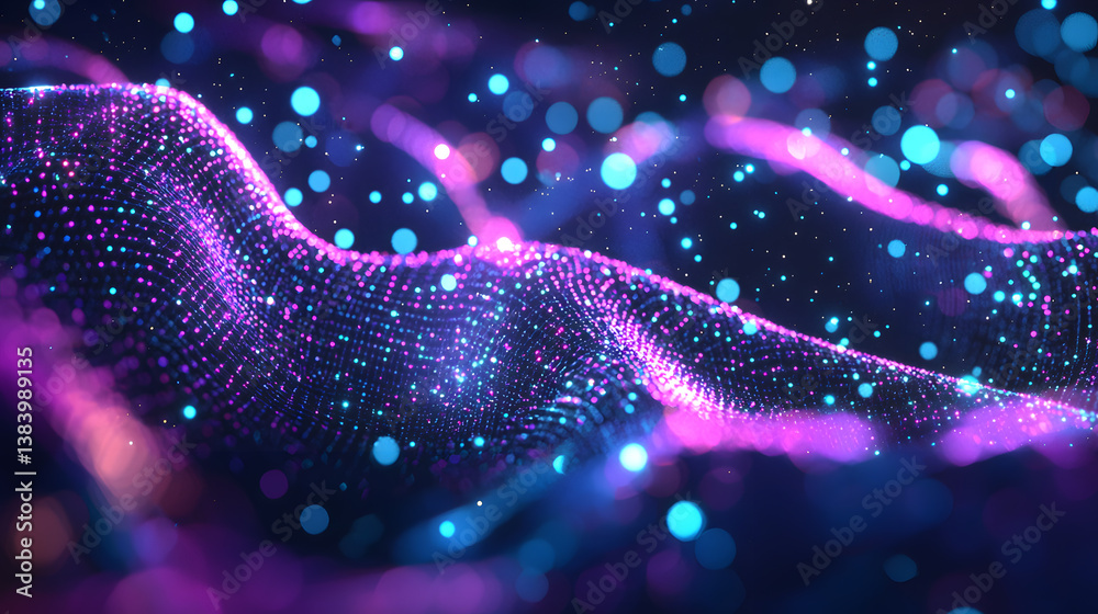 Poster dynamic abstract data flow digital particles virtual space glowing environment close-up view concept