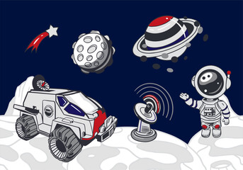 Astronaut, planet Saturn, moon, stars, space transport. Hand drawn vector illustration. For Cosmonautics Day cards, invitations, wallpapers, posters, covers, banners.