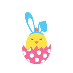 cartoon easter chick in egg shell with bunny ears isolated on white background, single character, egg hunt vector illustration