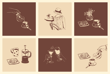 Square posters, postcards, hand drawn backgrounds with drinks and food. Sketches portrait of a woman with a cup of coffee at a cafe table, croissant, milk jug, glasses of wine. Vector illustration.