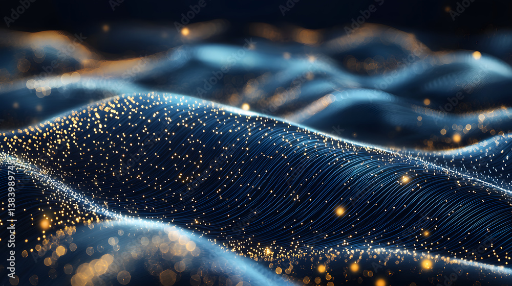 Poster glowing digital particles create abstract data flow waves in a virtual space