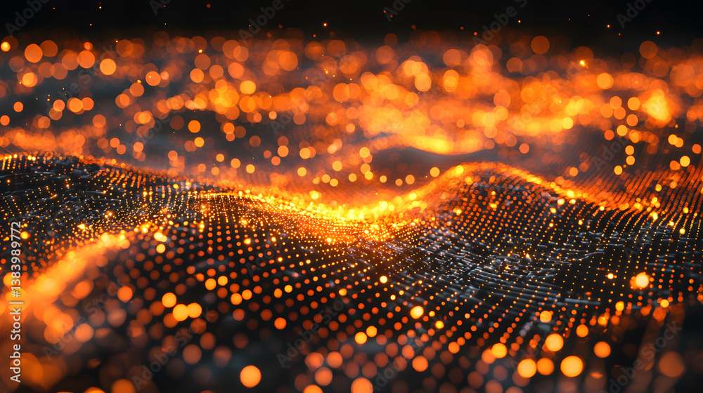 Poster digital particles flowing through abstract data waves virtual reality experience sci-fi theme futuri