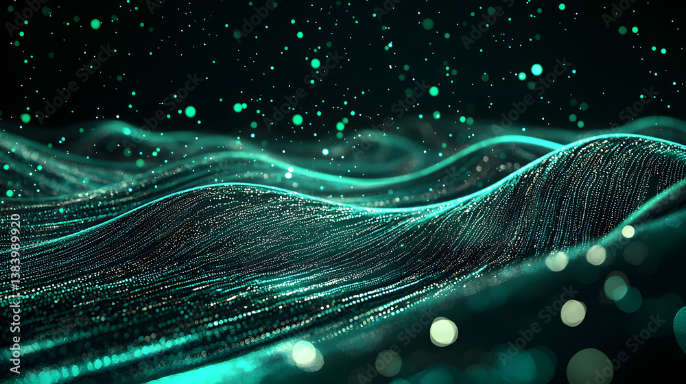 Poster digital particles flowing through abstract waves virtual environment visual art dynamic composition 