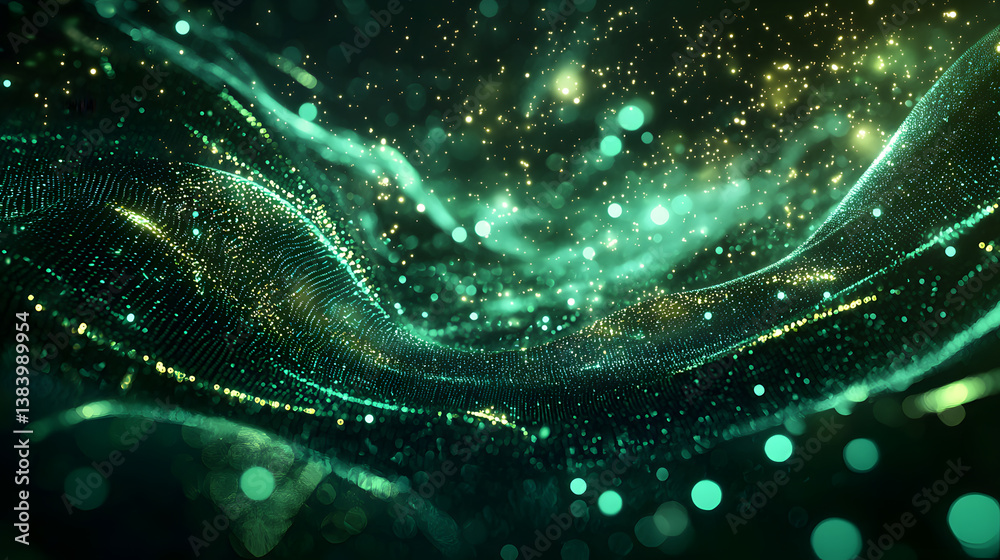 Poster digital particles flowing in abstract waves virtual space motion graphics glowing environment dynami
