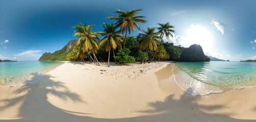 Naklejka premium Panoramic 360 degree view of tropical beach, turquoise sea, palm trees. Sunny day on exotic island paradise. Beautiful seashore, scenic landscape, ideal travel, tourism destination.