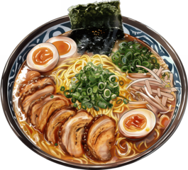 Traditional chashu ramen with braised pork belly, soft-boiled eggs, nori seaweed, and bamboo shoots in decorated bowl