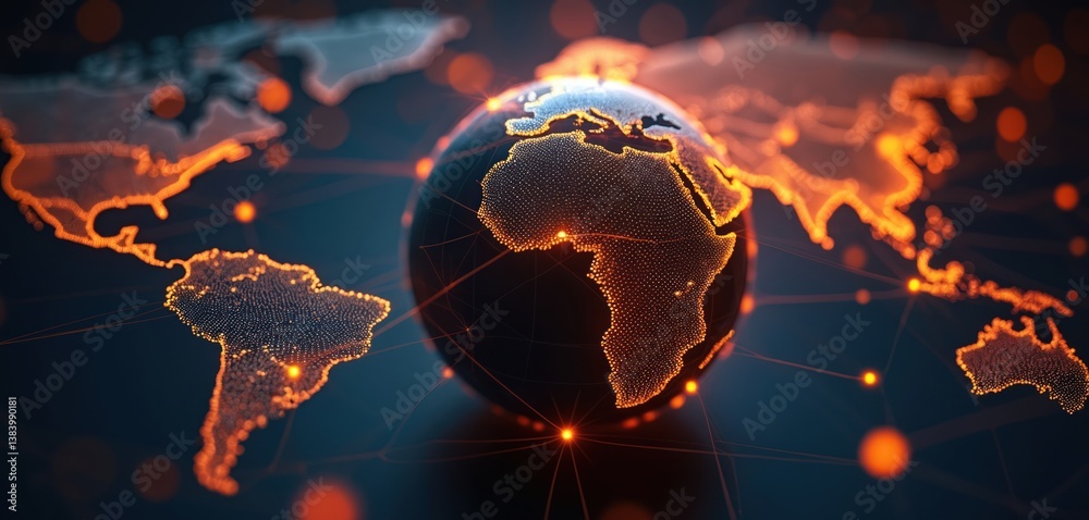 Poster Digital illustration of global network with orange data points connecting continents on dark background. Perfect tech, global business, communication concepts. Illustration of the digital world map.