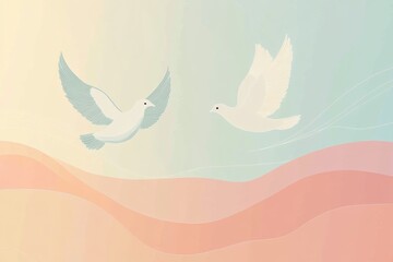Obraz premium Elegant logo featuring two doves flying together in a serene pastel sky depicting peace and love