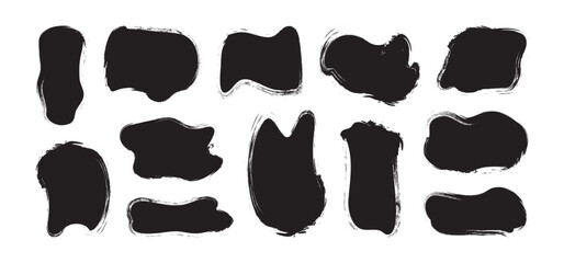 Paint brush blob, grunge irregular shape, ink stroke stain, charcoal form, rough abstract blot, round square, rectangle crayon drawn, black chalk set isolated on white background. Vector illustration